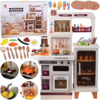 interaktywna beżowa kuchnia dla dzieci z akcesoriami na blacie
