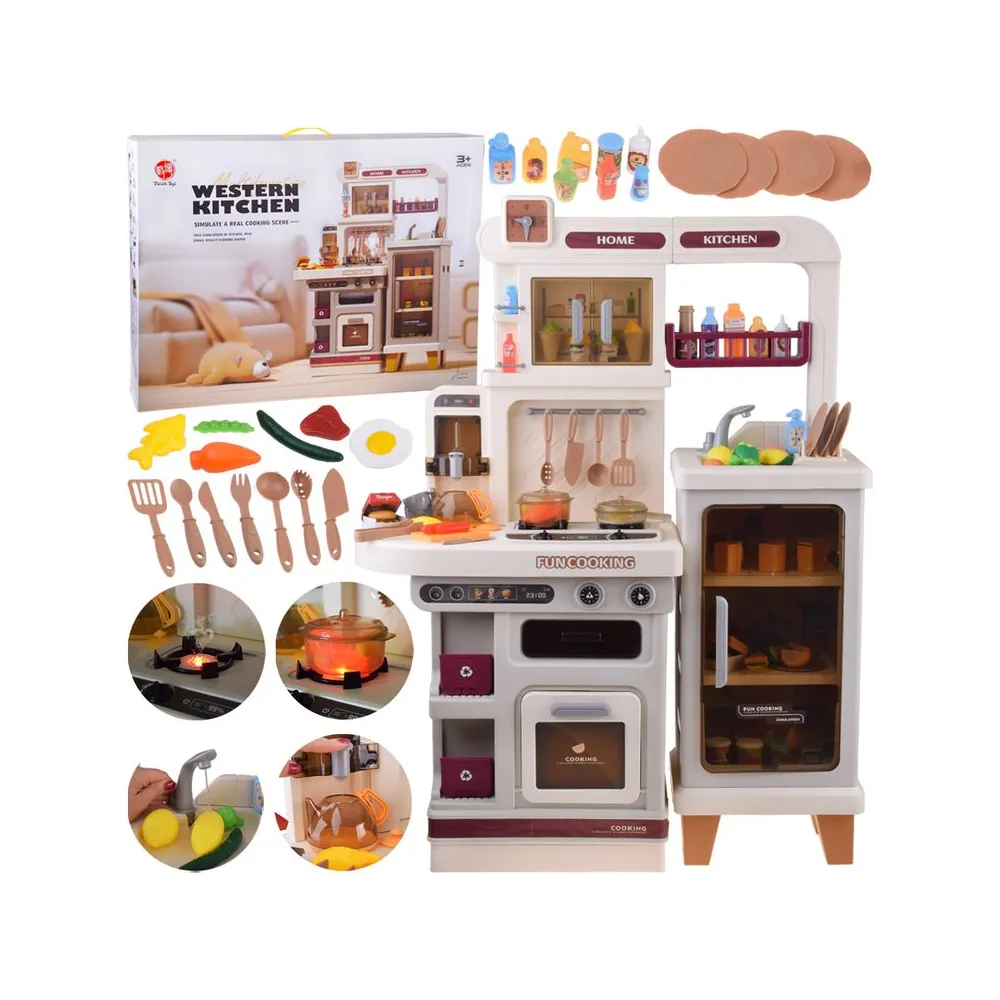 interaktywna beżowa kuchnia dla dzieci z akcesoriami na blacie