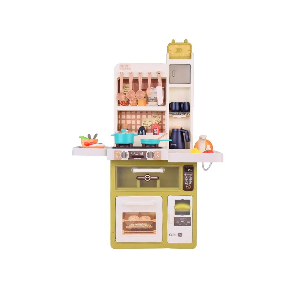 kuchnia kremowo-zielona z efektem pary wodnej przy palnikach