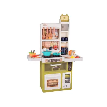pełny zestaw 55 elementów kuchennych ułożony wokół zabawkowej kuchni