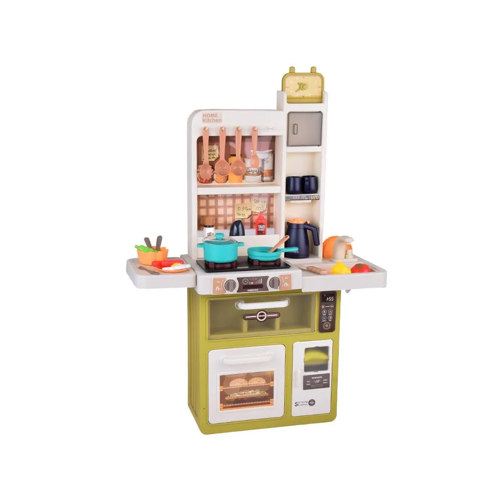 pełny zestaw 55 elementów kuchennych ułożony wokół zabawkowej kuchni