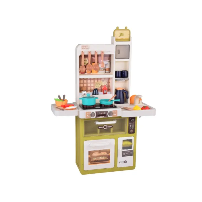 pełny zestaw 55 elementów kuchennych ułożony wokół zabawkowej kuchni