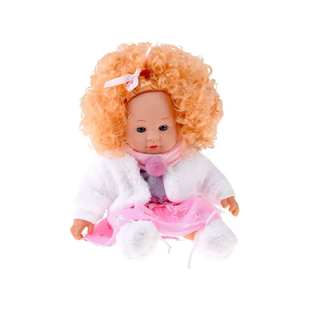 gęste blond loki lalki Alicji ułożone z różową wstążką