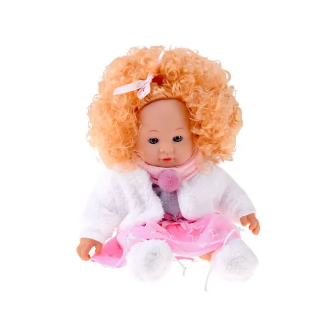 gęste blond loki lalki Alicji ułożone z różową wstążką