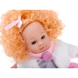 lalka Alicja w białym płaszczyku i różowym szaliku z pomponem