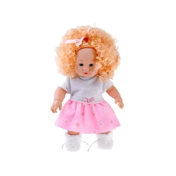 lalka Alicja siedząca, pokazująca miękkie ciało i sukienkę z gwiazdkami