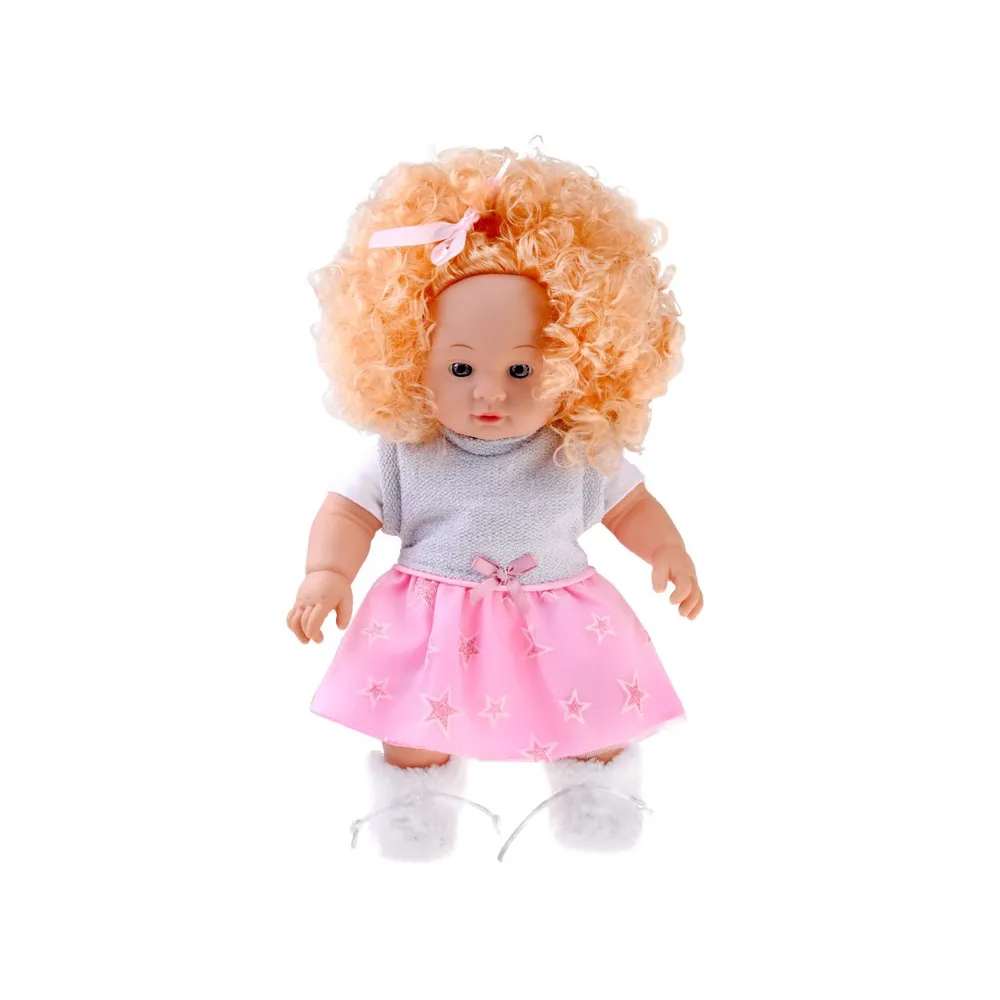 lalka Alicja siedząca, pokazująca miękkie ciało i sukienkę z gwiazdkami