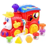 interaktywna lokomotywa edukacyjna z kolorowymi klockami na białym tle