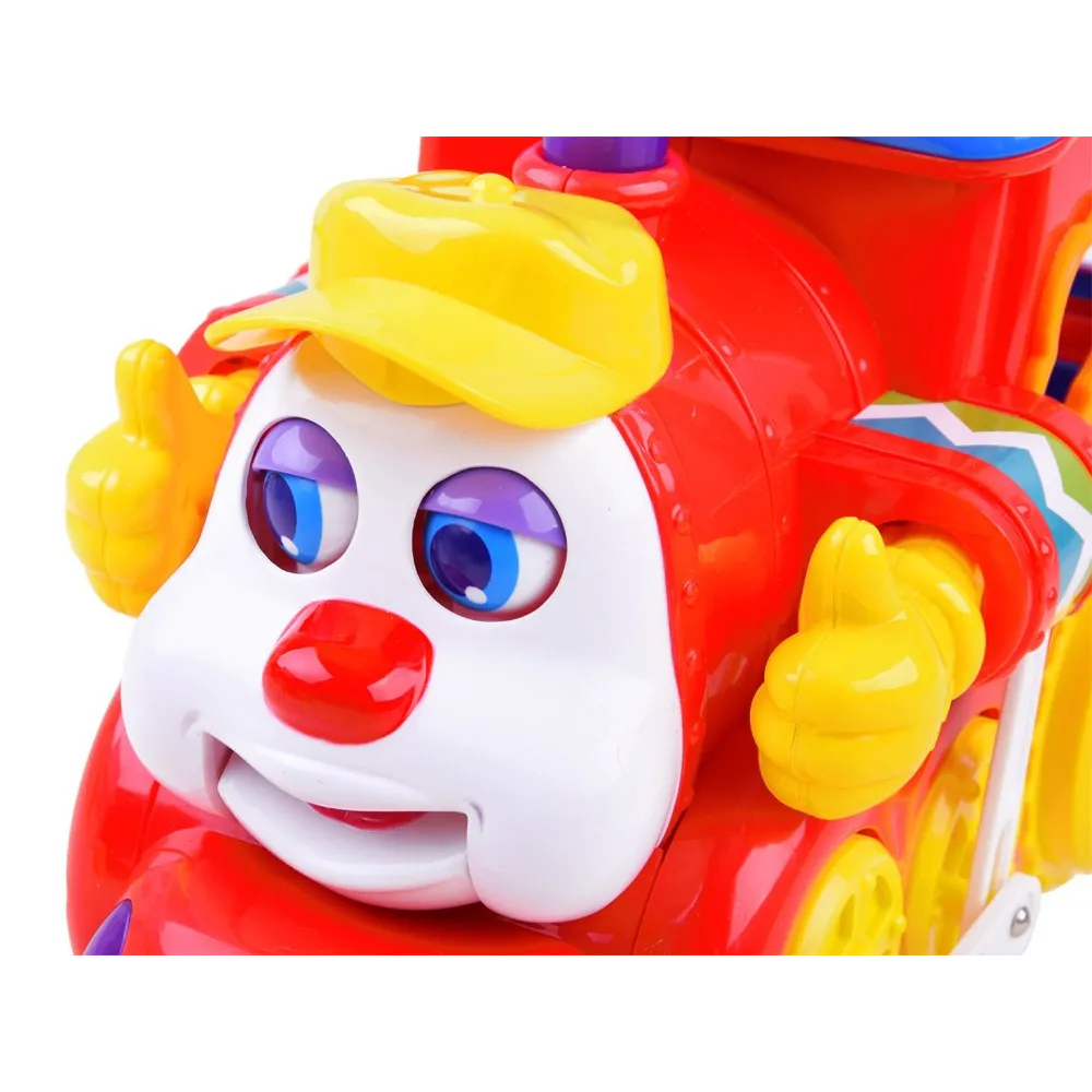 interaktywne ruchome elementy: oczy, usta i komin lokomotywy