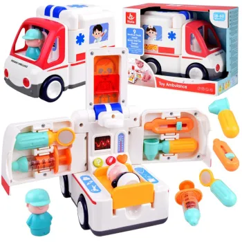 Interaktywne autko ambulans z akcesoriami medycznymi na białym tle