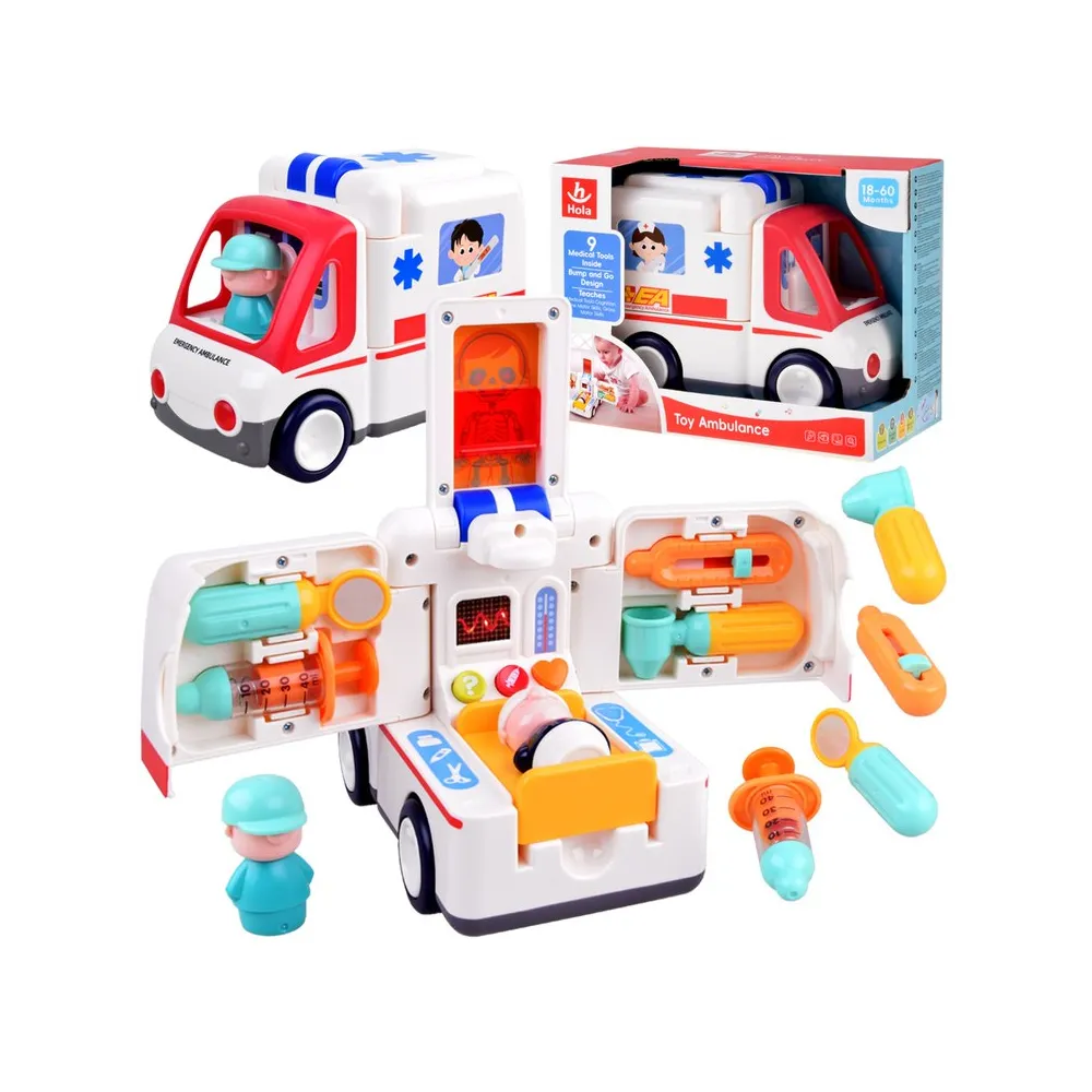 Interaktywne autko ambulans z akcesoriami medycznymi na białym tle