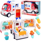 Interaktywne autko ambulans z akcesoriami medycznymi na białym tle
