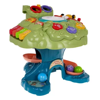 Interaktywne drzewo z kolorowymi światełkami i dźwiękiem na białym tle