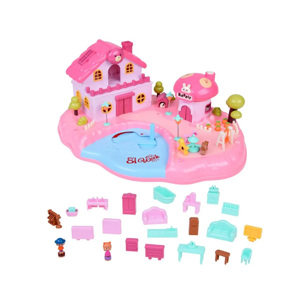 widok dwupoziomowego domku z ogrodem i placem zabaw