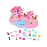 widok dwupoziomowego domku z ogrodem i placem zabaw