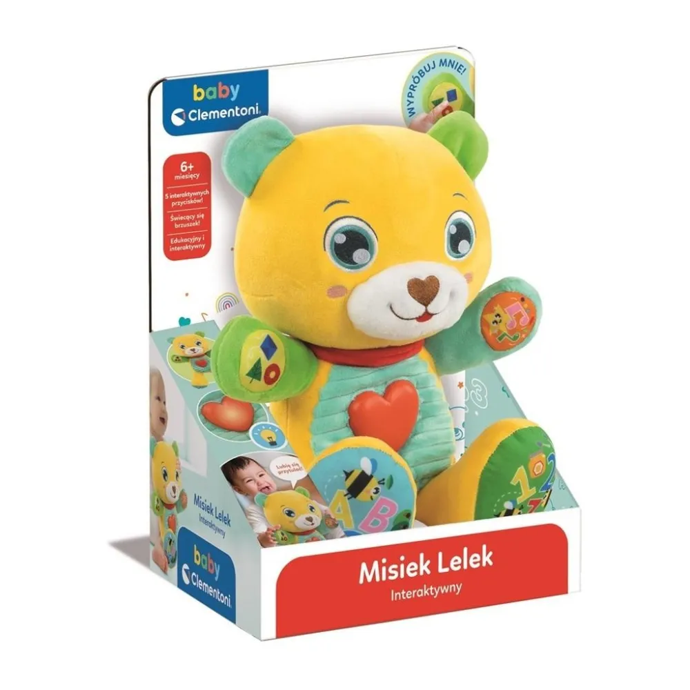 pluszowy interaktywny miś lelek 2.0 z dużym świecącym sercem na klatce piersiowej