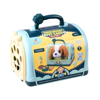 widok całego kompletu: piesek beagle, transporter i wszystkie akcesoria