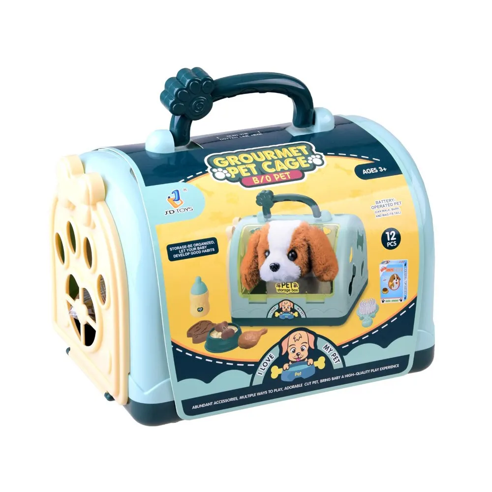 widok całego kompletu: piesek beagle, transporter i wszystkie akcesoria