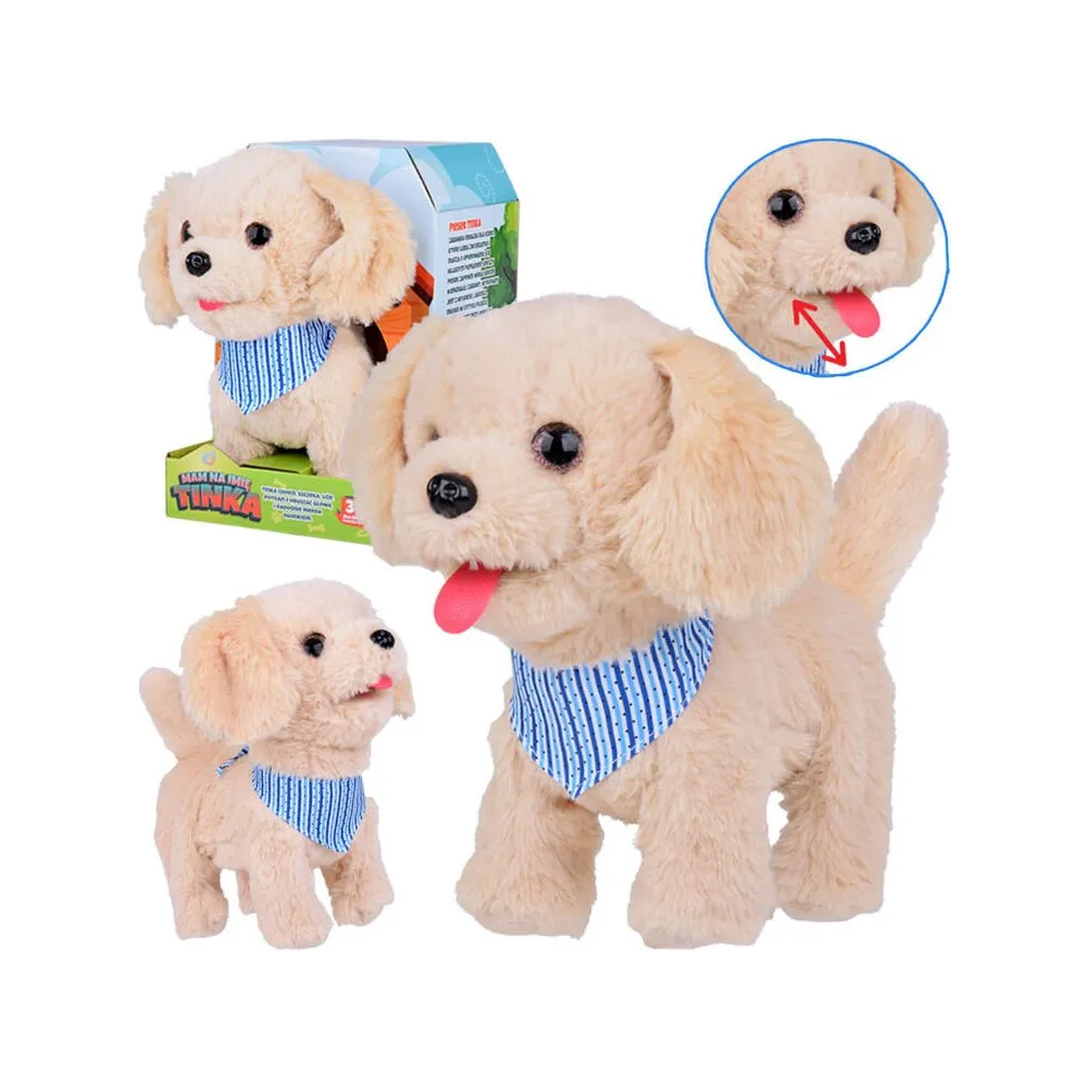 interaktywny pluszowy piesek biszkoptowy z niebieską apaszką tinka