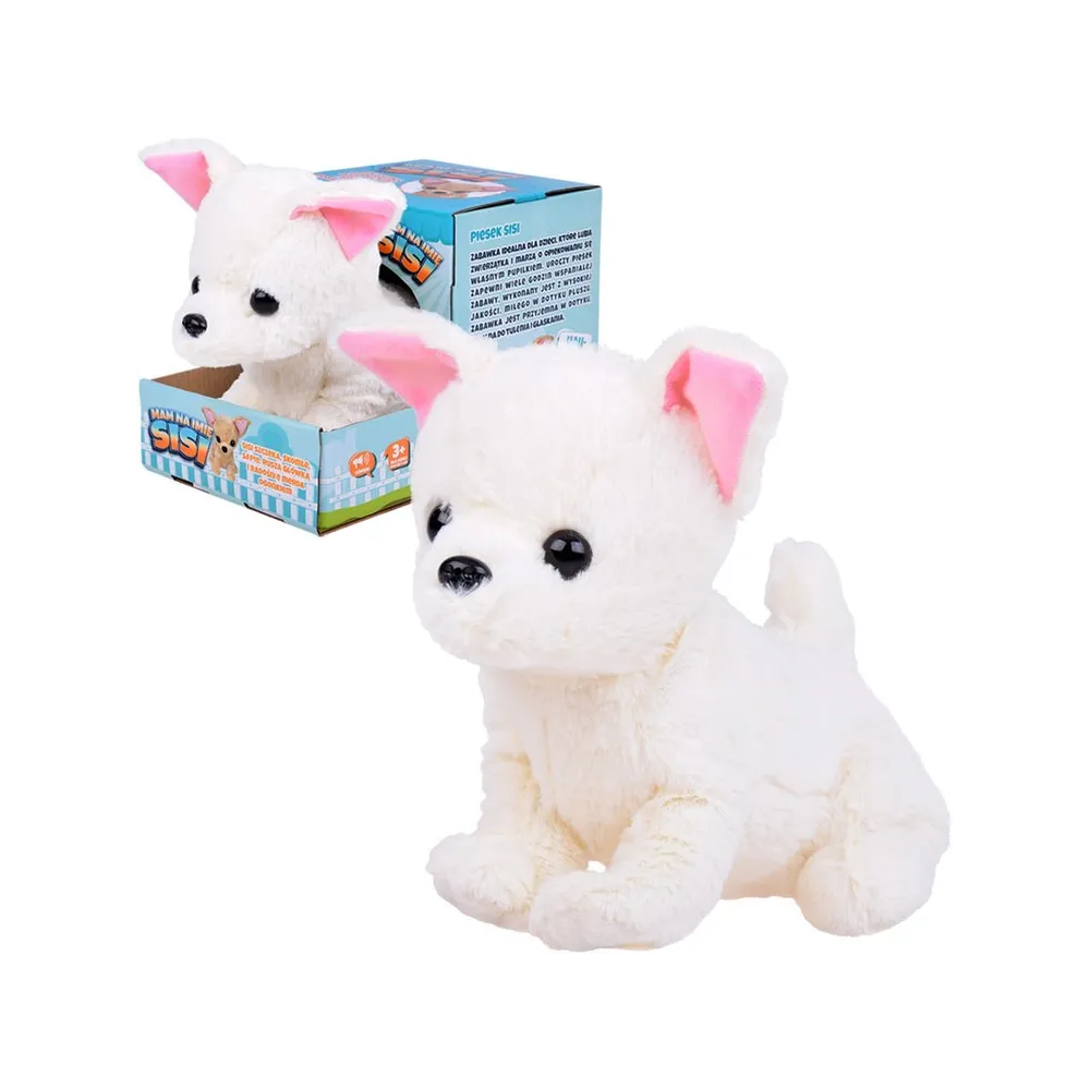 pluszowy piesek SISI siedzący z różowymi uszkami