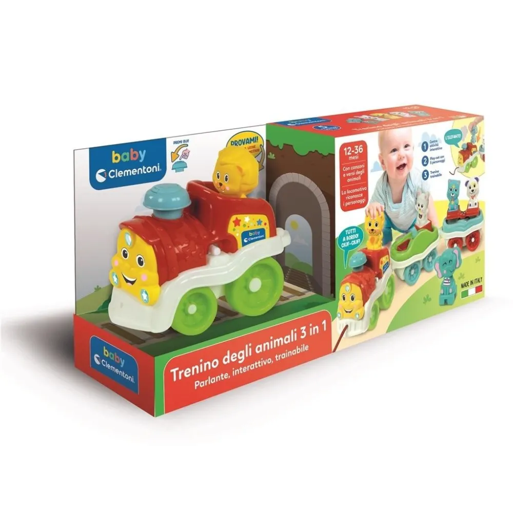 interaktywny pociąg dla dzieci z kolorowymi zwierzątkami na wagonikach