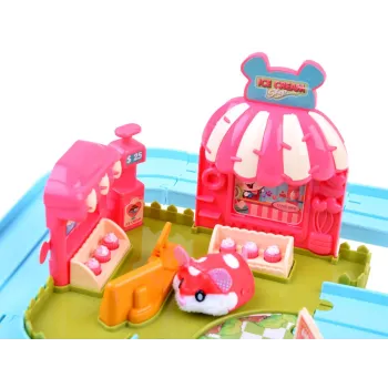 zbliżenie na akcesoria lodziarni, szyld oraz witrynę z atrapą lodów