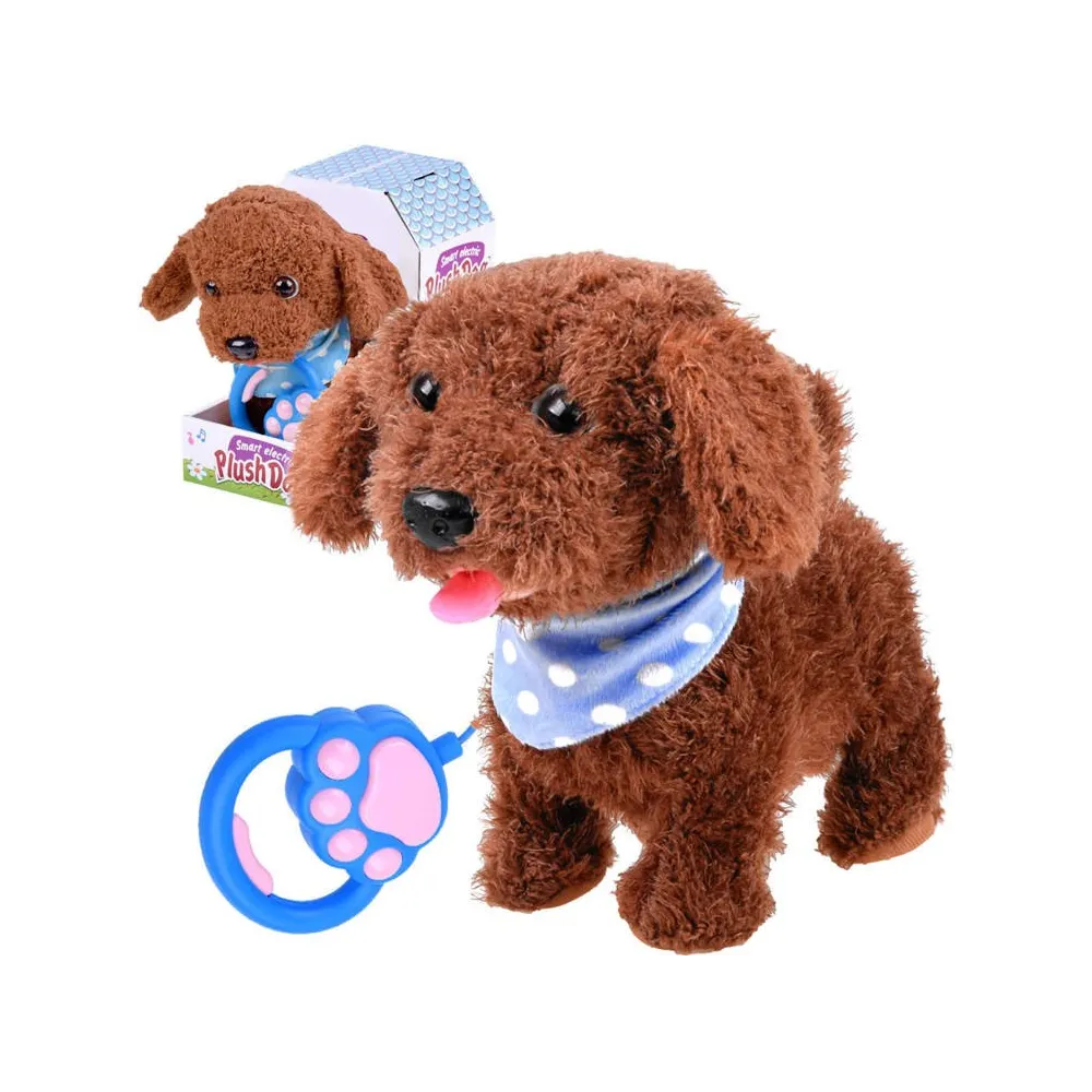 Interaktywny piesek pluszowy na smyczy stojący na jasnej powierzchni