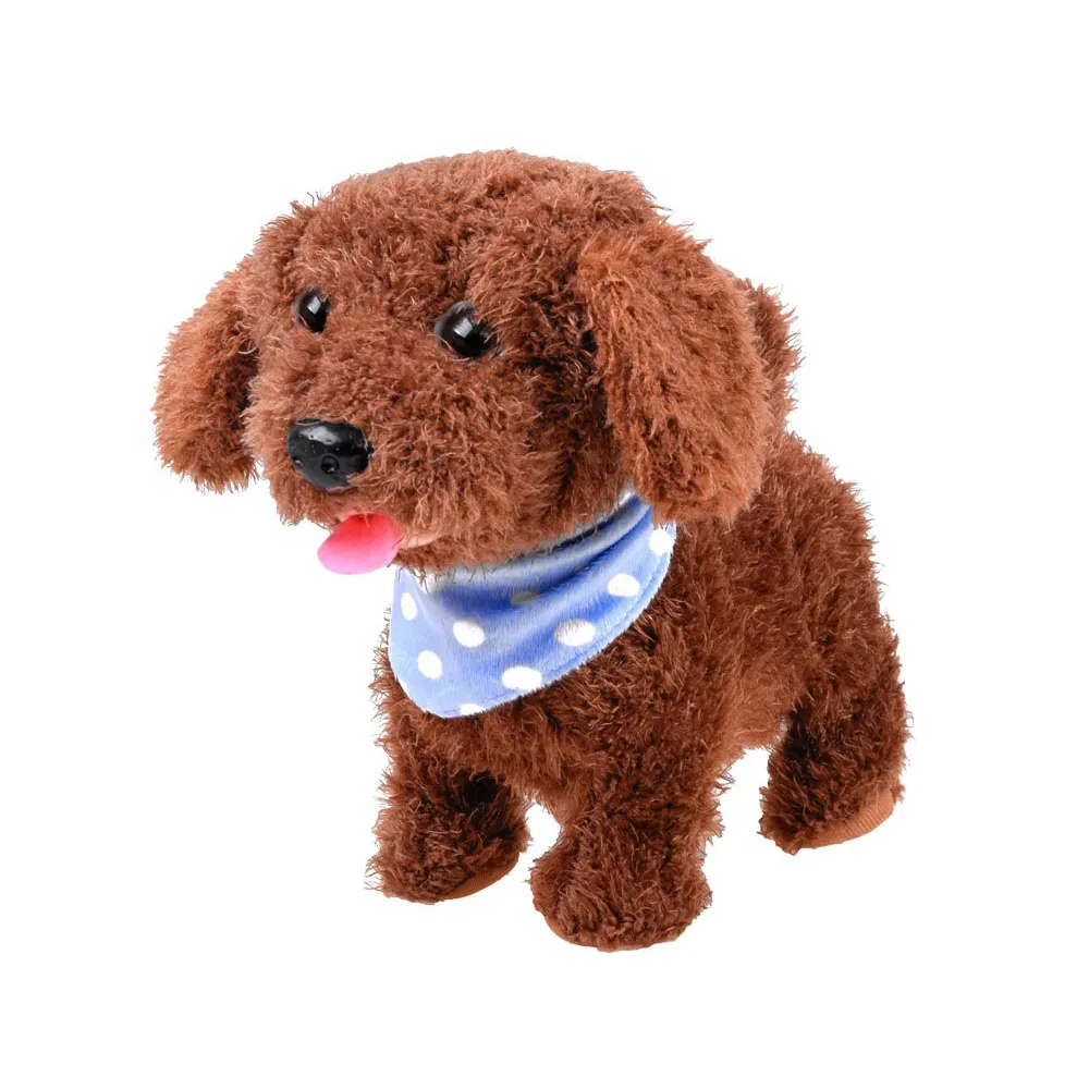 Pluszowy piesek z widocznym przyciskiem na uchwycie smyczy