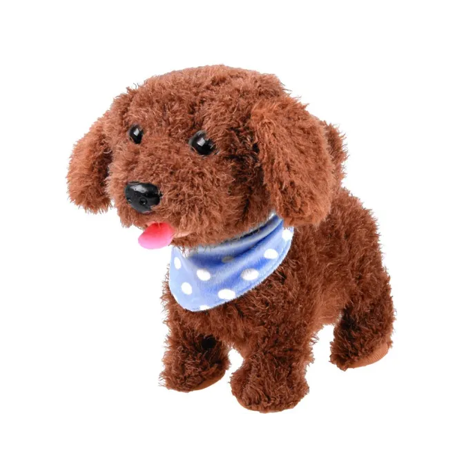 Pluszowy piesek z widocznym przyciskiem na uchwycie smyczy