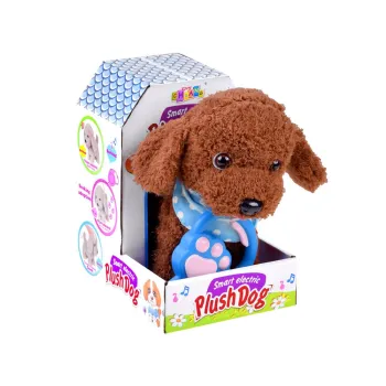 Zabawka piesek na tle opakowania imitującego domek