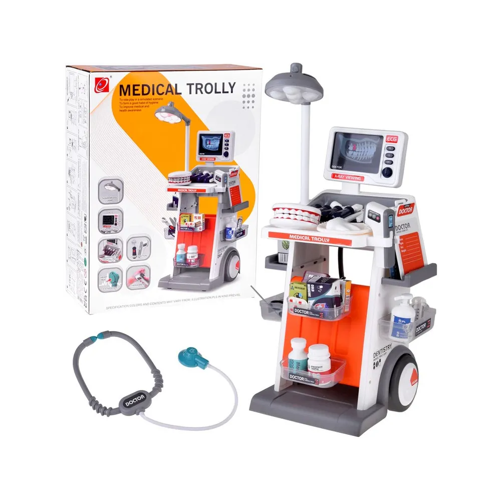 zestaw wózek lekarski z akcesoriami do zabawy w lekarza i dentystę