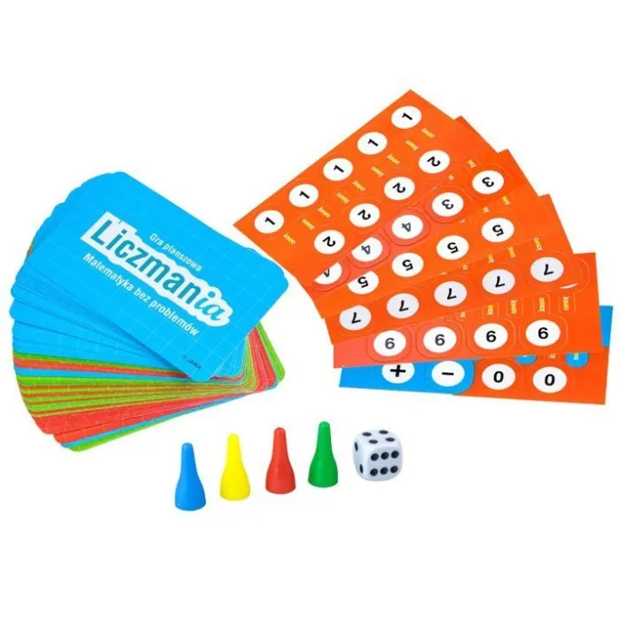 Kolorowe pionki i kostka z gry LICZMANIA z bliska