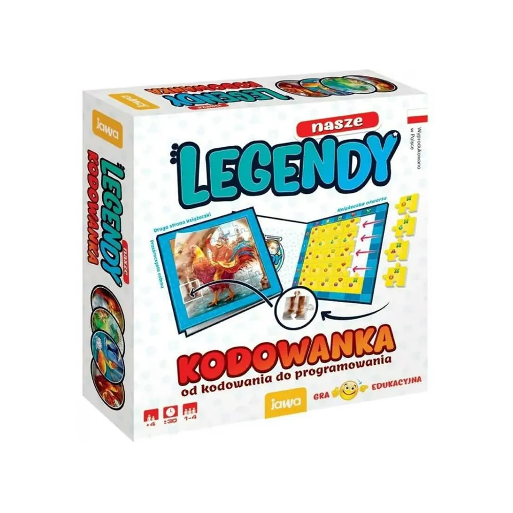 elementy gry Kodowanka LEGENDY rozłożone na tle książeczki z ramką