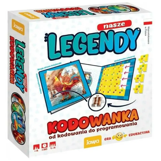 elementy gry Kodowanka LEGENDY rozłożone na tle książeczki z ramką