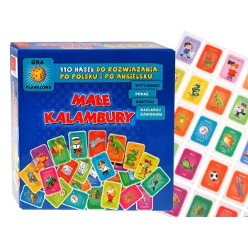 plansza gry Małe Kalambury z pionkami i kostką na stole