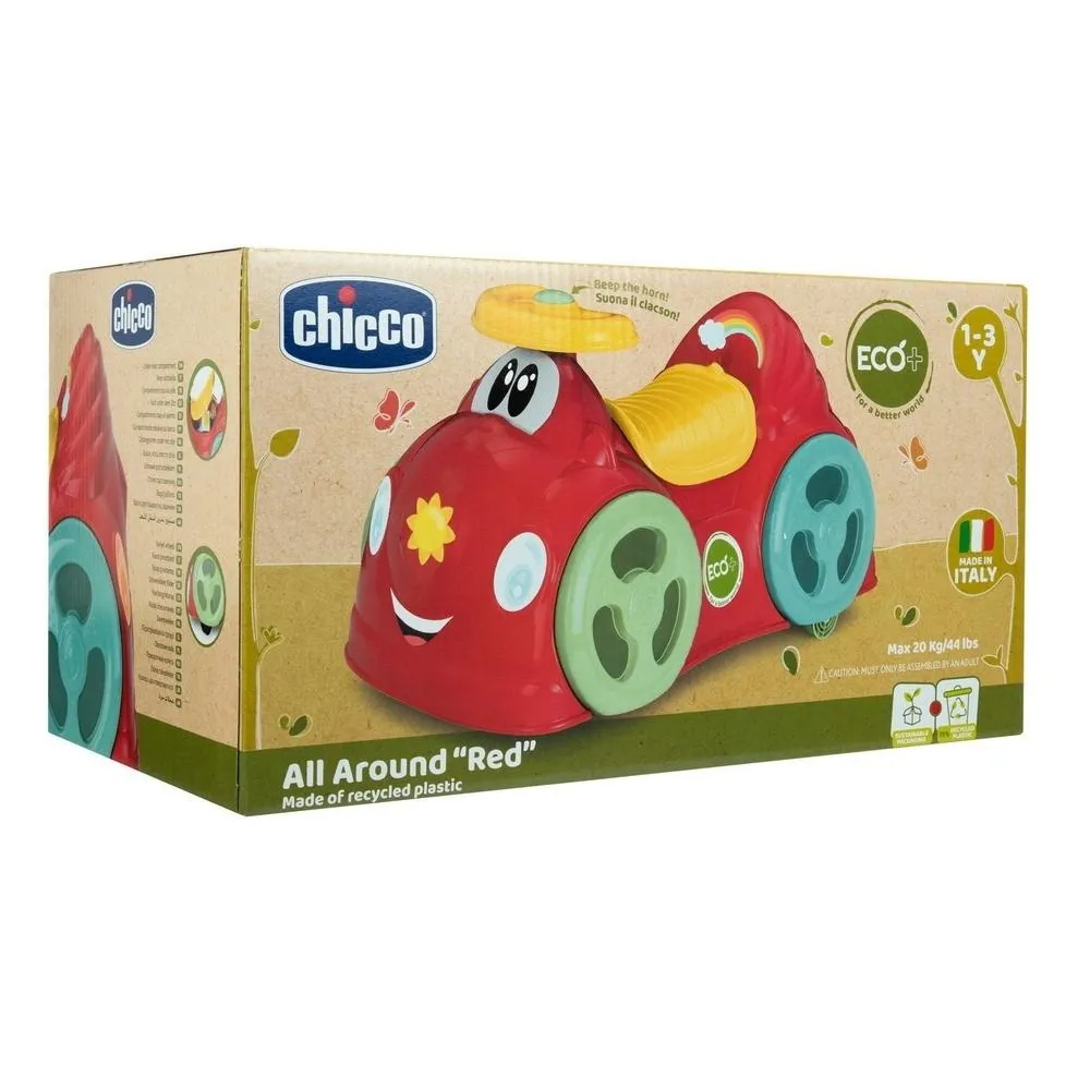 Jeździk All Around Eco+ w kolorze czerwonym na białym tle, widok z boku