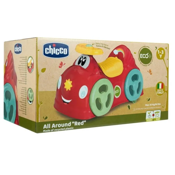 Jeździk All Around Eco+ w kolorze czerwonym na białym tle, widok z boku