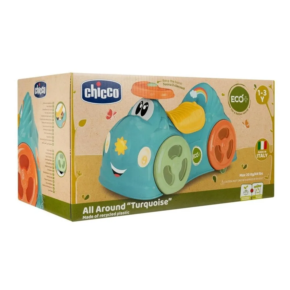 zielony jeździk dziecięcy All Around Eco+ z widocznym schowkiem pod siedziskiem