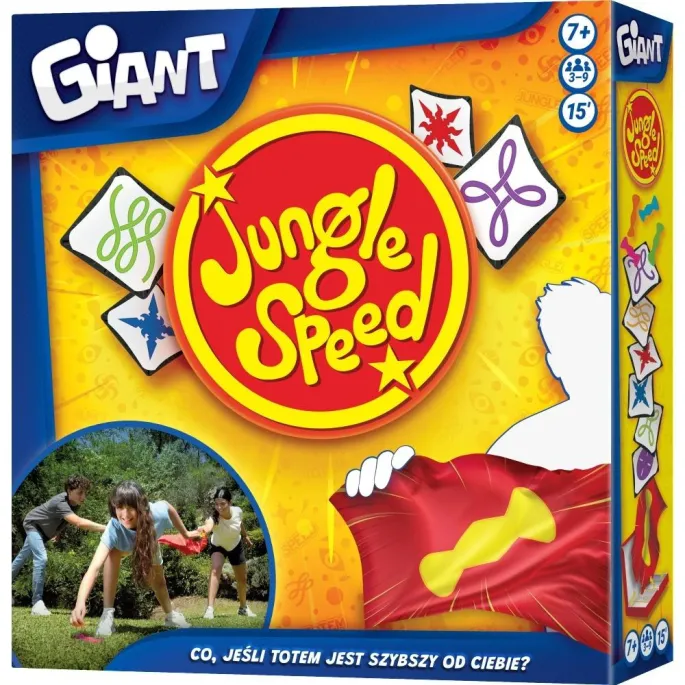 Jungle Speed Giant REBEL z dużymi kartami i flagą na tle przestrzeni do gry