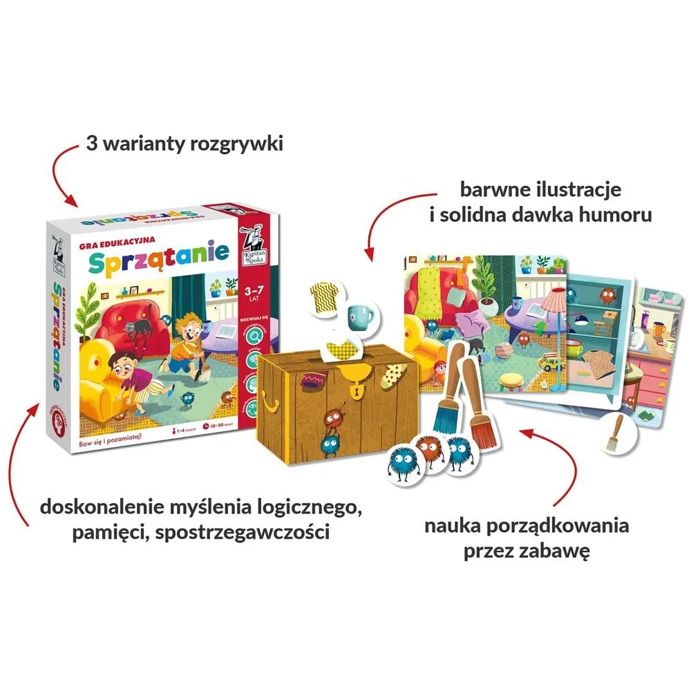 Zestaw elementów gry Kapitan Nauka Sprzątanie na białym tle