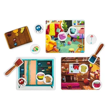 Zbliżenie na żetony z przedmiotami i miotły do gry edukacyjnej