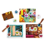 Zbliżenie na żetony z przedmiotami i miotły do gry edukacyjnej