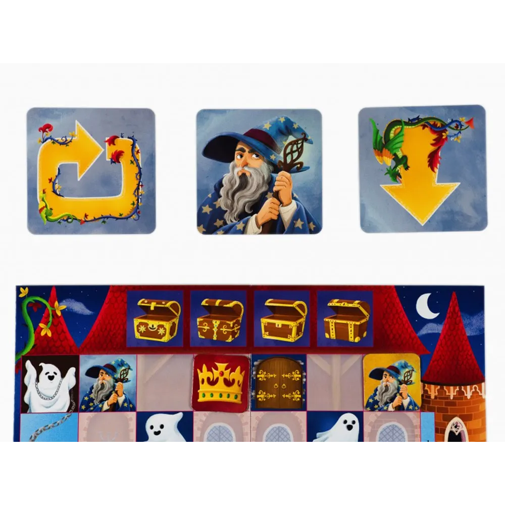 Zbliżenie na karty i planszę gry edukacyjnej Zakodowany zamek