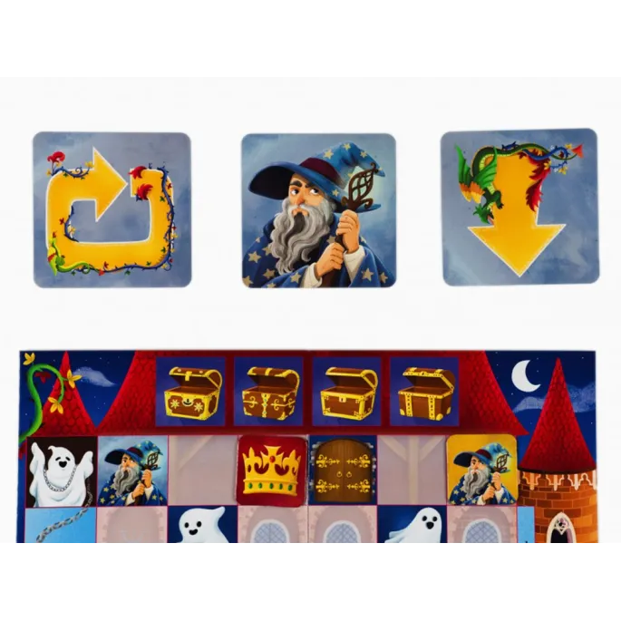 Zbliżenie na karty i planszę gry edukacyjnej Zakodowany zamek