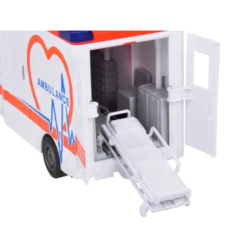 widok z tyłu na ambulans z otwartymi drzwiami i wysuniętymi noszami