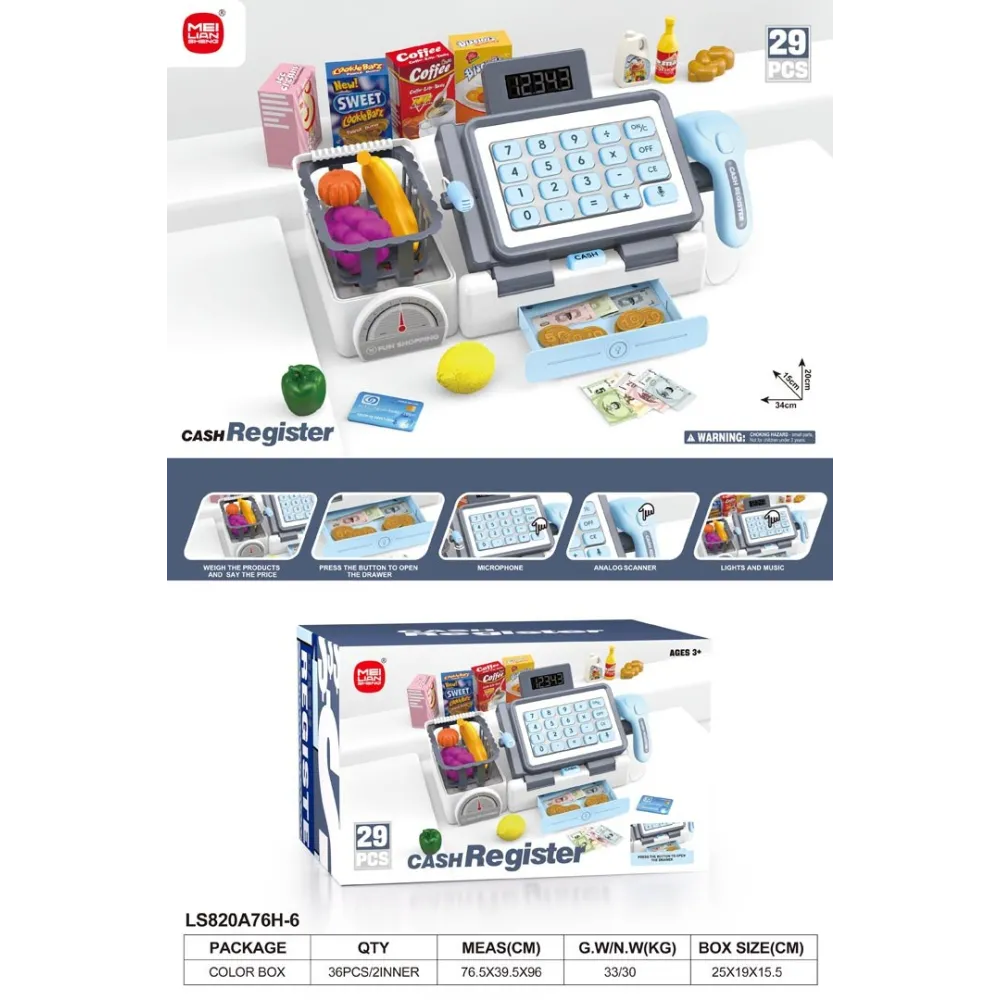 Kasa fiskalna z akcesoriami dla dzieci jako zestaw do zabawy w sklep