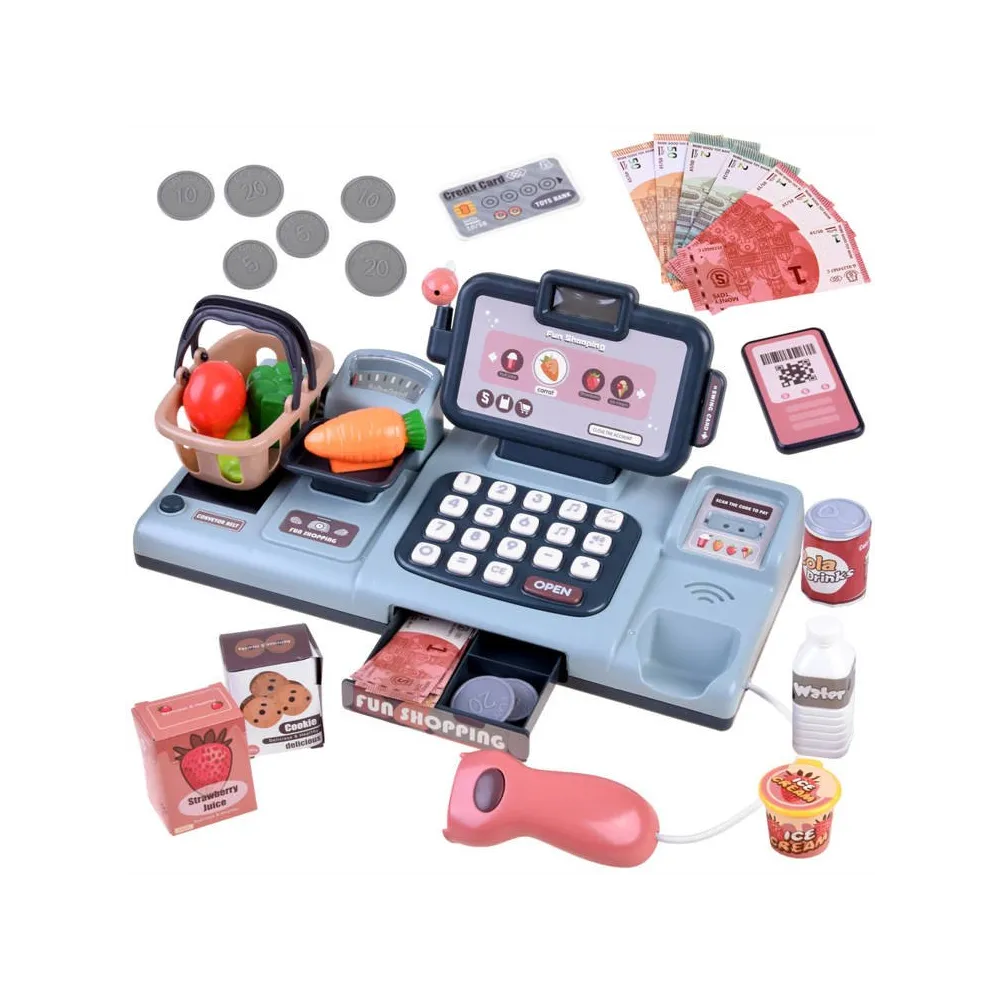kasa fiskalna dla dzieci z akcesoriami na białym tle