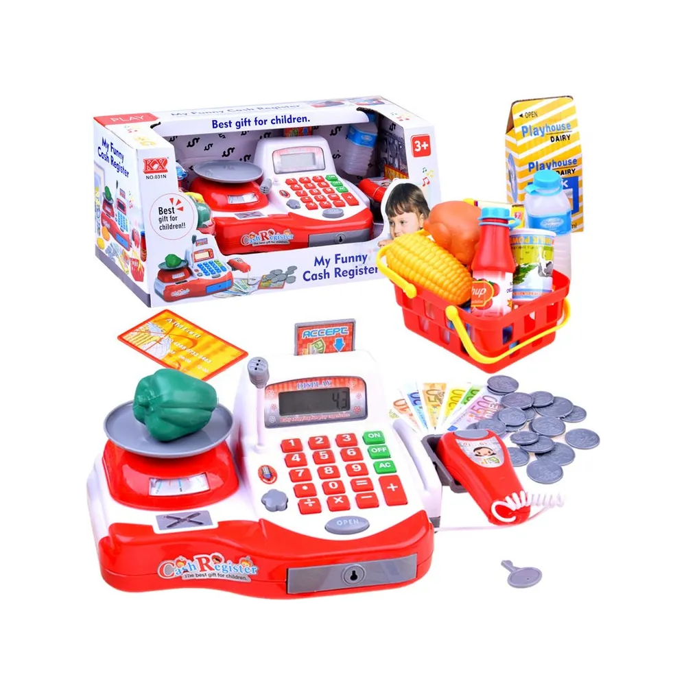 zestaw kasa fiskalna sklepowa z wagą i koszykiem na białym tle