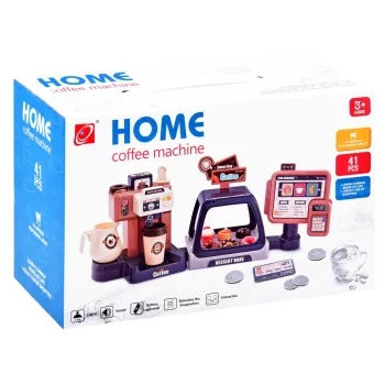 Dziecko odgrywające rolę klienta i baristy przy zabawkowej kawiarni