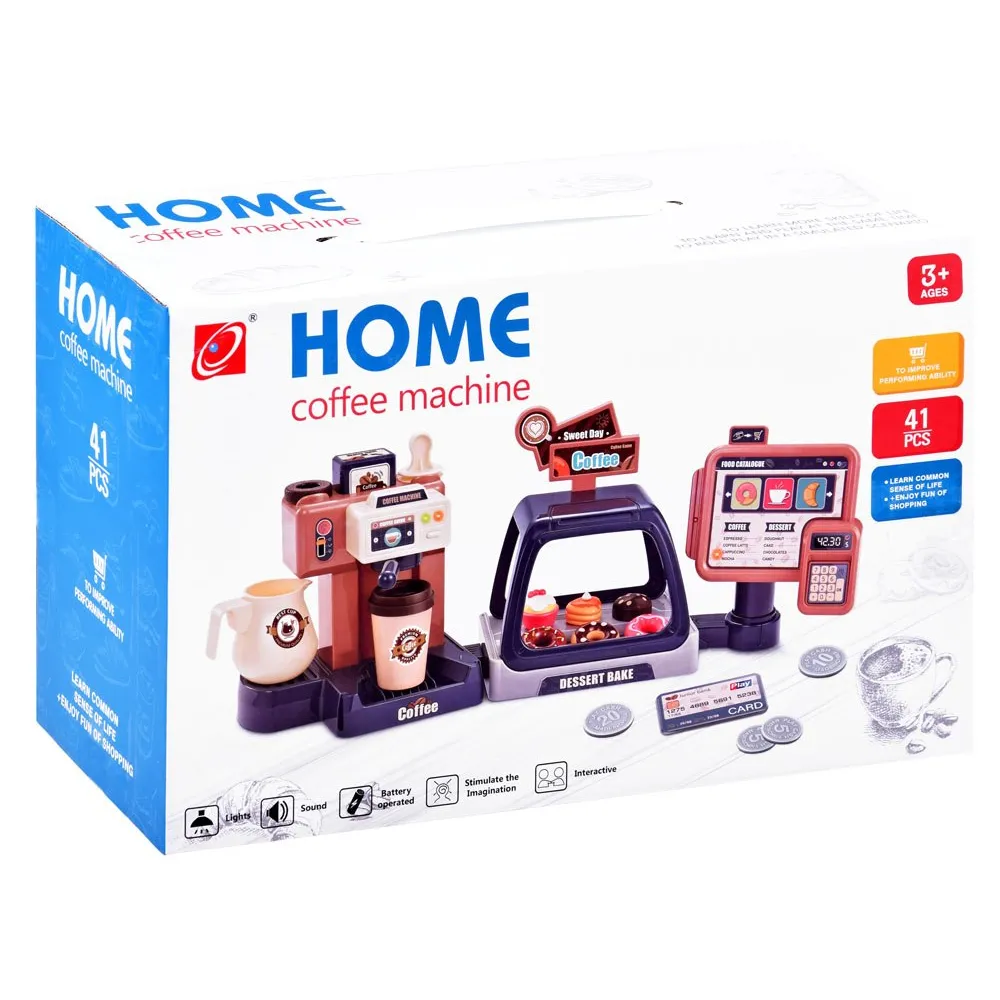 Dziecko odgrywające rolę klienta i baristy przy zabawkowej kawiarni